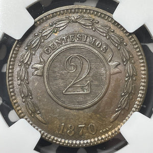 1870-SHAW Paraguay 2 Centesimos NGC MS61BN Lot#G9004 Nice UNC!