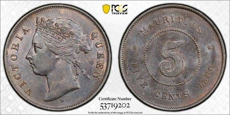 1890-H Mauritius 5 Cents PCGS MS63BN Lot#G3707 Choice UNC!