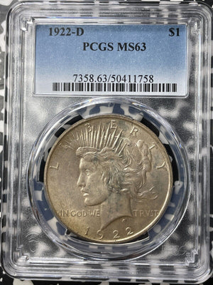 1922-D U.S. $1 Peace Dollar PCGS MS63 Lot#G8770 Silver! Choice UNC!