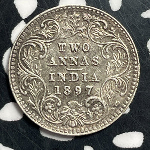 1897 India 2 Anna Lot#T1110 Silver! Nice Detail, Old Cleaning