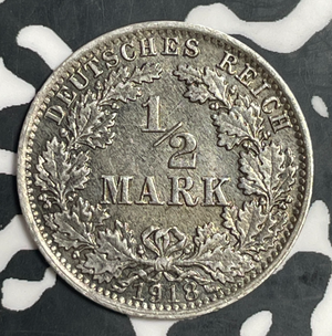 1918-A Germany 1/2 Mark Half Mark Lot#T3756 Silver! High Grade! Beautiful!
