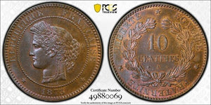 1873-A France 10 Centimes PCGS MS64BN Lot#G8164 Choice UNC! Gad-265a