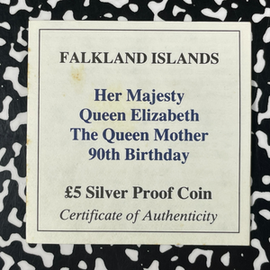 1990 Falkland Islands Queen Mother 90th 5 Pounds Lot#B2600 Silver! W/ Case & COA