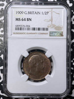 1909 Great Britain 1/2 Half Penny NGC MS64BN Lot#G8435 Choice UNC!