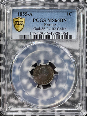 1855-A France 1 Centime PCGS MS66BN Lot#G8159 Gem BU! Solo Top Graded! Gad-86