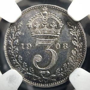 1908 Great Britain 3 Pence NGC Reverse Cleaned-UNC Details Lot#G9126 Silver!