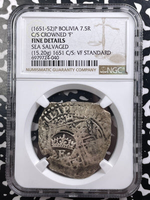 (1651-52) Bolivia C/S 7 1/2 Reales NGC Sea Salvaged-Fine Det. Lot#G9158 Silver!