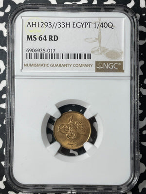 AH 1293 Year 33 (1907-H) Egypt 1/40 Qirsh NGC MS64RD Lot#G8876 Choice UNC!