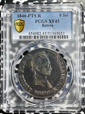 1846-PTS R Bolivia 8 Soles PCGS XF45 Lot#G9612 Large Silver!