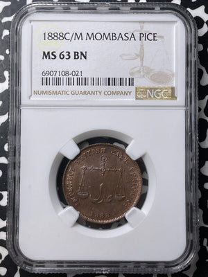 1888-CM Mombasa 1 Pice NGC MS63BN Lot#G9051 Choice UNC!