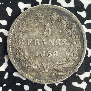 1833-B France 5 Francs Lot#T8318 Large Silver Coin!