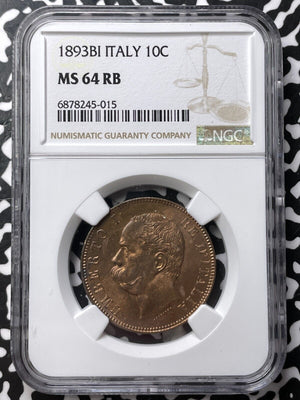 1893-BI Italy 10 Centesimi NGC MS64RB Lot#G7202 Choice UNC!