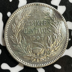 1907 Chile 20 Centavos Lot#E3049 Silver! High Grade! Beautiful! KM#151.2