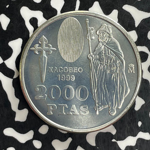 1999 Spain St. James 2000 Pesetas Lot#C1030 Silver! High Grade! Beautiful!