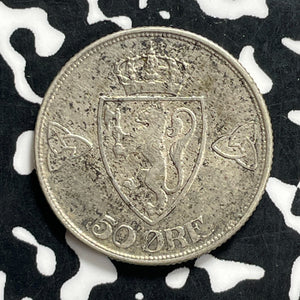 1918 Norway 50 Ore Lot#JM9928 Silver! High Grade! Beautiful!