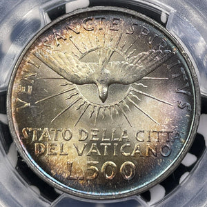 1958 Vatican City 500 Lire PCGS MS65 Lot#G9207 Silver! Gem BU! Beautiful Toning!