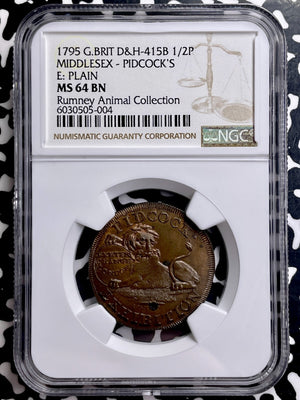 1795 G.B. Middlesex Pidcock's 1/2 Penny Conder Token NGC MS64BN Lot#G9813 Lion