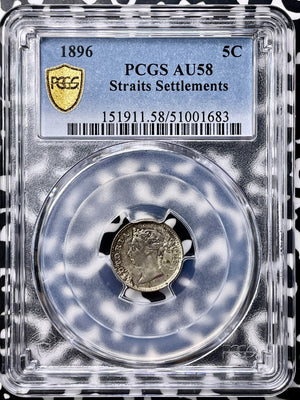 1896 Straits Settlements 5 Cents PCGS AU58 Lot#G9850 Silver!