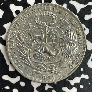 1934 Peru 1 Sol Lot#C0993 Large Silver!