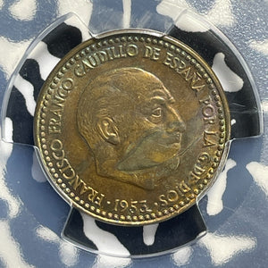 1953 (60) Spain 1 Peseta PCGS MS62 Lot#G987 Nice UNC! Better Date