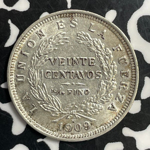 1909-H Bolivia 20 Centavos Lot#T0891 Silver! High Grade! Beautiful!