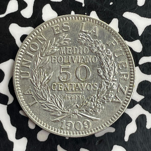 1909-H Bolivia 50 Centavos Lot#C1000 Silver! Nice Details, Cleaned
