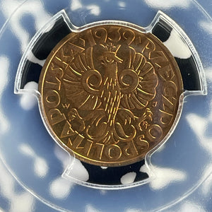 1939-(w) Poland 5 Groszy PCGS MS65RD Lot#G775 Gem BU!