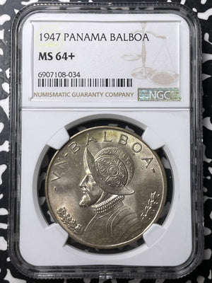 1947 Panama 1 Balboa NGC MS64+ Lot#G9002 Large Silver! Choice UNC!