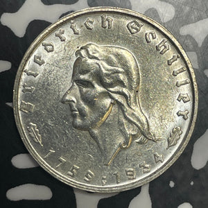 1934-F Germany Schiller 2 Mark Lot#JM9190 Silver! High Grade! Beautiful!