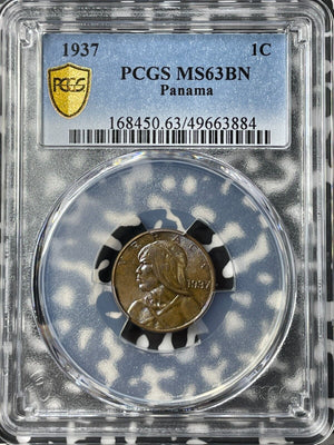 1937 Panama 1 Centesimo PCGS MS63BN Lot#G8404 Choice UNC! Beautiful Toning!