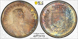 1954-B Switzerland 5 Francs PCGS MS64 Lot#G8173 Large Silver! Beautiful Toning!