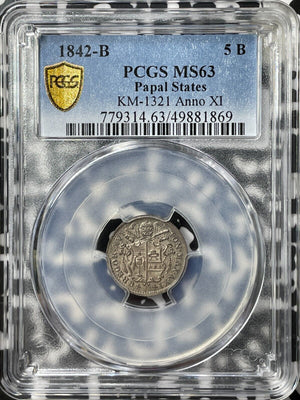 1842-B Papal States 5 Baiocchi PCGS MS63 Lot#G8245 Silver! Solo Top Graded!