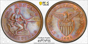 1905 US Philippines 1 Centavo PCGS MS65BN Lot#G8334 Beautiful Toning! Top Grade