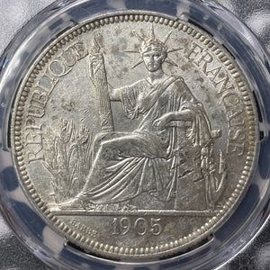 1905-A French Indo-China 1 Piastre PCGS Cleaned-AU Detail Lot#MK99 Silver!