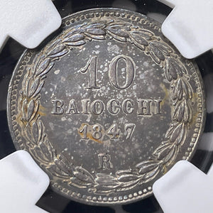 1847-R Papal States 10 Baiocchi NGC AU58 Lot#G9028 Silver! Top Graded!