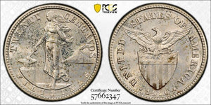 1920 U.S. Philippines 20 Centavos PCGS MS63 Lot#G879 Silver! Choice UNC!