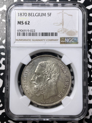 1870 Belgium 5 Francs NGC MS62 Lot#G8801 Large Silver! Nice UNC!