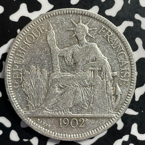 1902-A French Indo-China 1 Piastre Lot#E9862 Large Silver Coin! Harshly Cleaned