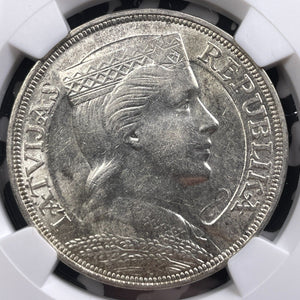 1932 Latvia 5 Lati NGC AU58 Lot#G9133 Large Silver!