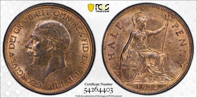 1932 Great Britain 1/2 Penny PCGS MS63RB Lot#G1761 Choice UNC! S-4058
