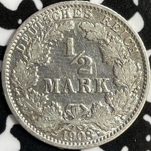 1908-J Germany 1/2 Mark Half Mark Lot#D9153 Silver! Key Date!