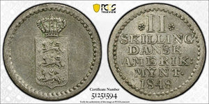 1848 Danish West Indies 2 Skilling PCGS MS62 Lot#G9183 Silver! Nice UNC! KM#19