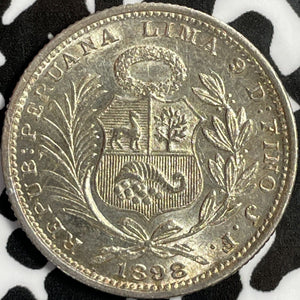 1898-JF Peru 1/5 Sol Lot#D6919 Silver! High Grade! Beautiful!