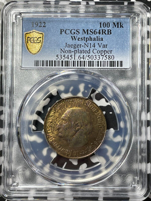 1922 Germany Westphalia 100 Mark Notgeld PCGS MS64RB Lot#G7953 Beautiful Toning!