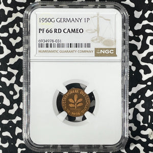 1950-G West Germany 1 Pfennig NGC PR66RD Cameo Lot#G9935 Proof! 1,800 Minted