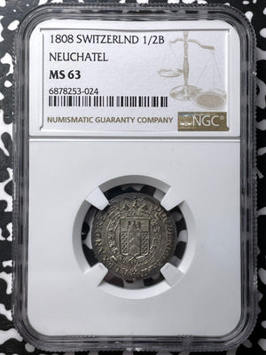 1808 Switzerland Neuchatel 1/2 Batzen NGC MS63 Lot#G7233 Silver! Choice UNC!