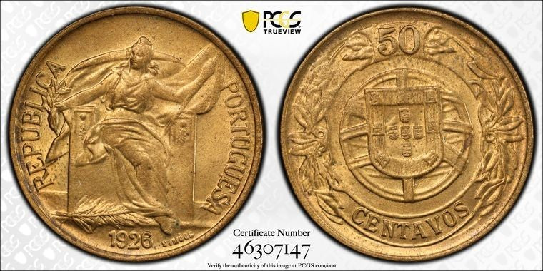 1926 Portugal 50 Centavos PCGS MS65 Lot#G2061 Gem BU!