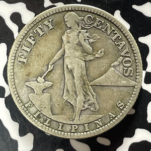1907 U.S. Philippines 50 Centavos Lot#T5218 Silver!