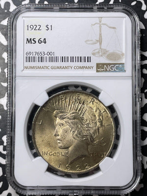 1922 U.S. Peace Dollar NGC MS64 Lot#G8619 Silver! Choice UNC!