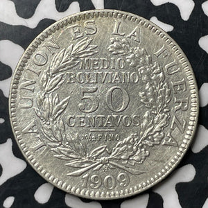 1909-H Bolivia 50 Centavos Lot#E6814 Silver! Nice Detail, Old Cleaning